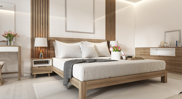 low wooden bed frame in modern room setting