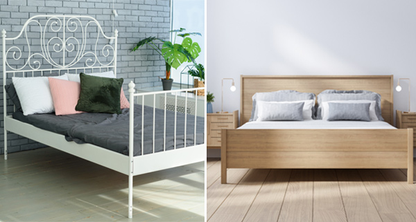 metal bed and wooden bed side by side