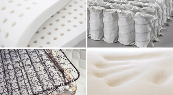 Different types of mattresses, including latex, pocket springs, coil springs, and memory foam