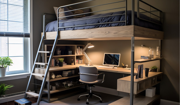High sleeper bed with a functional workspace underneath